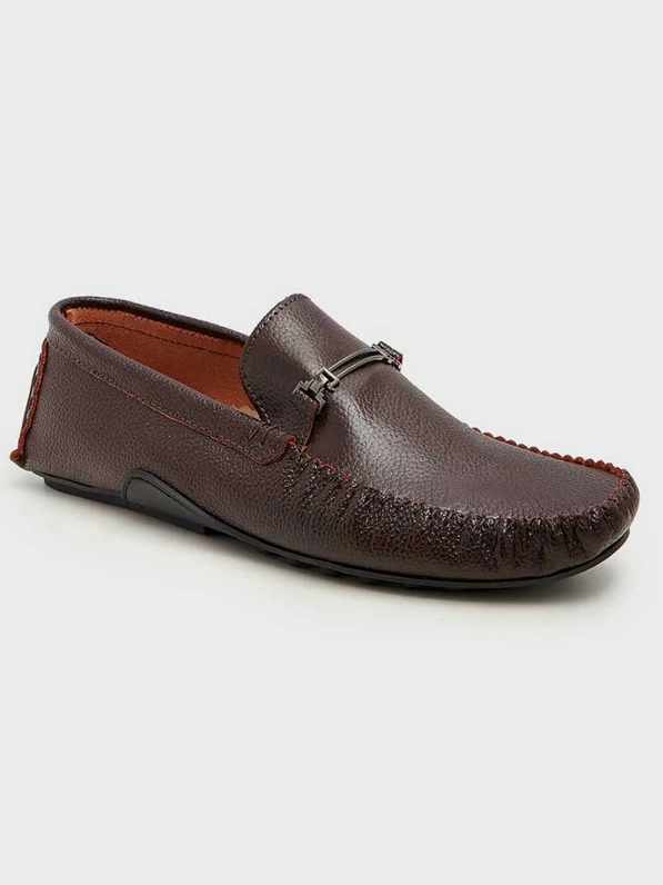 Men's Cow Leather Loafer Shoes With Brass Buckle-Brown